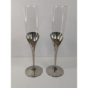 Lenox Forevermore Flute Pair Silver Plated Stem Raised Heart‎ Champagne Glasses